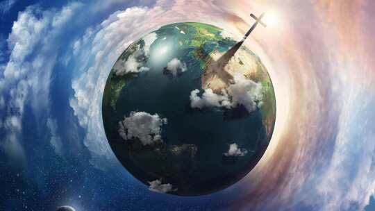4K-根植于地球的十字架漂浮在天空云层中