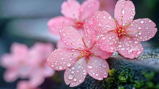 雨中带水珠的粉色落花特写