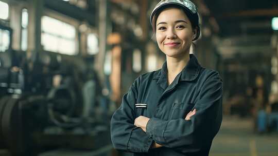 微笑女工自信站在工厂车间
