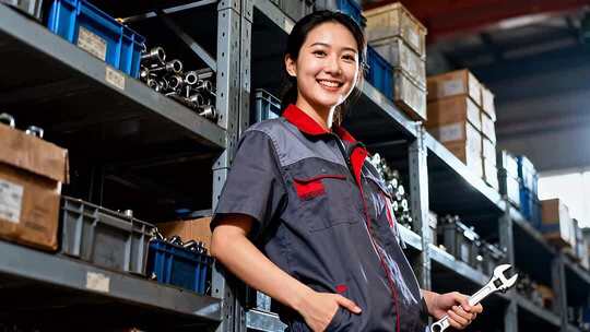 工厂女工人手持扳手微笑