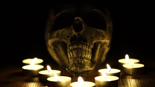 骷髅和点燃的蜡烛视频素材模板下载
