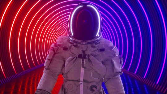 科幻霓虹灯隧道和宇航员步行环的特写