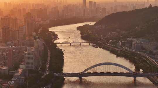 兰州市黄河畔城市日落航拍全景