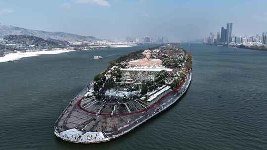 长沙城市雪景橘子洲洲头雪景视频素材模板下载