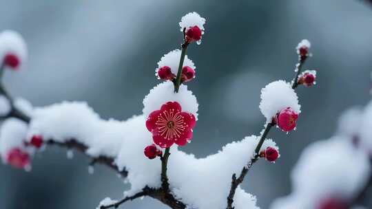 雪中绽放的梅花特写