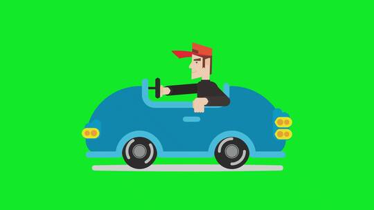 绿色屏幕背景的卡通人驾驶汽车的动画视频素材模板下载