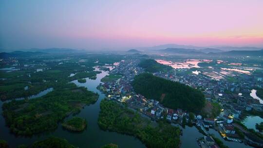 航拍夕阳下诸暨著名景点白塔湖国家湿地公园