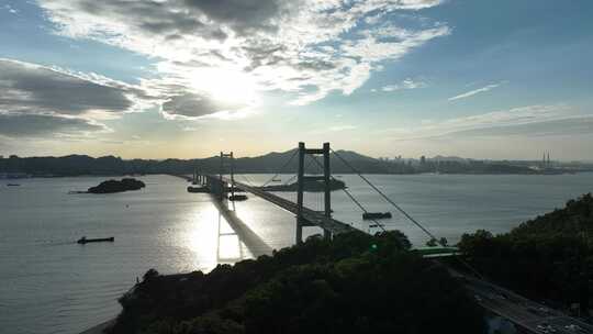 东莞虎门大桥日落夕阳航拍珠江黄昏河流风景