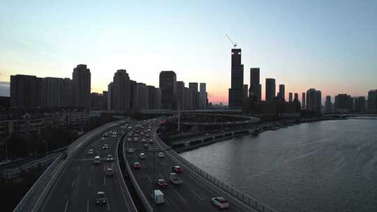 天津海河复兴门地铁站海津大桥城市交通风光