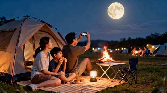 中秋节家庭户外露营赏月拍照场景