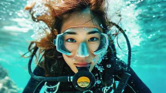 女潜水员海底深潜水海洋生物自由潜水海底