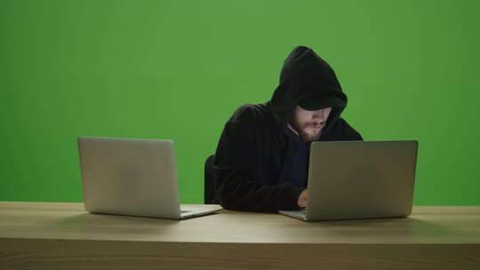无法辨认的男子黑客穿着运动衫兜帽，在2台笔记本电脑上打字