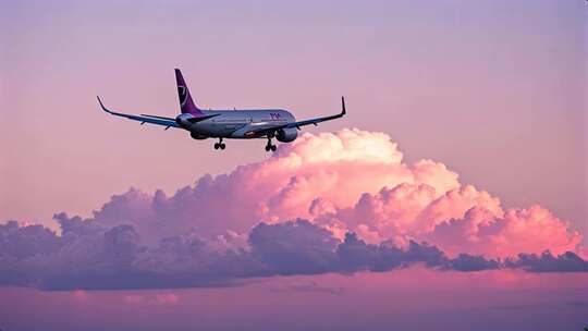 飞机降落云彩粉色天空航空旅行场景