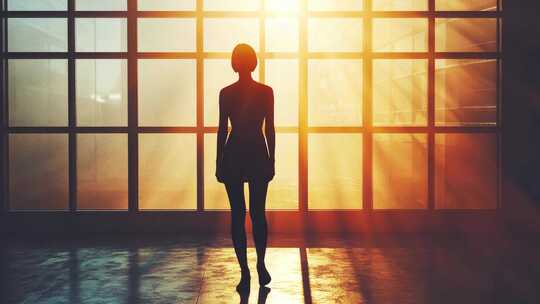 逆光下女人剪影站立窗前