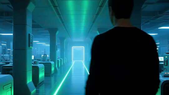 男子行走在科技感走廊