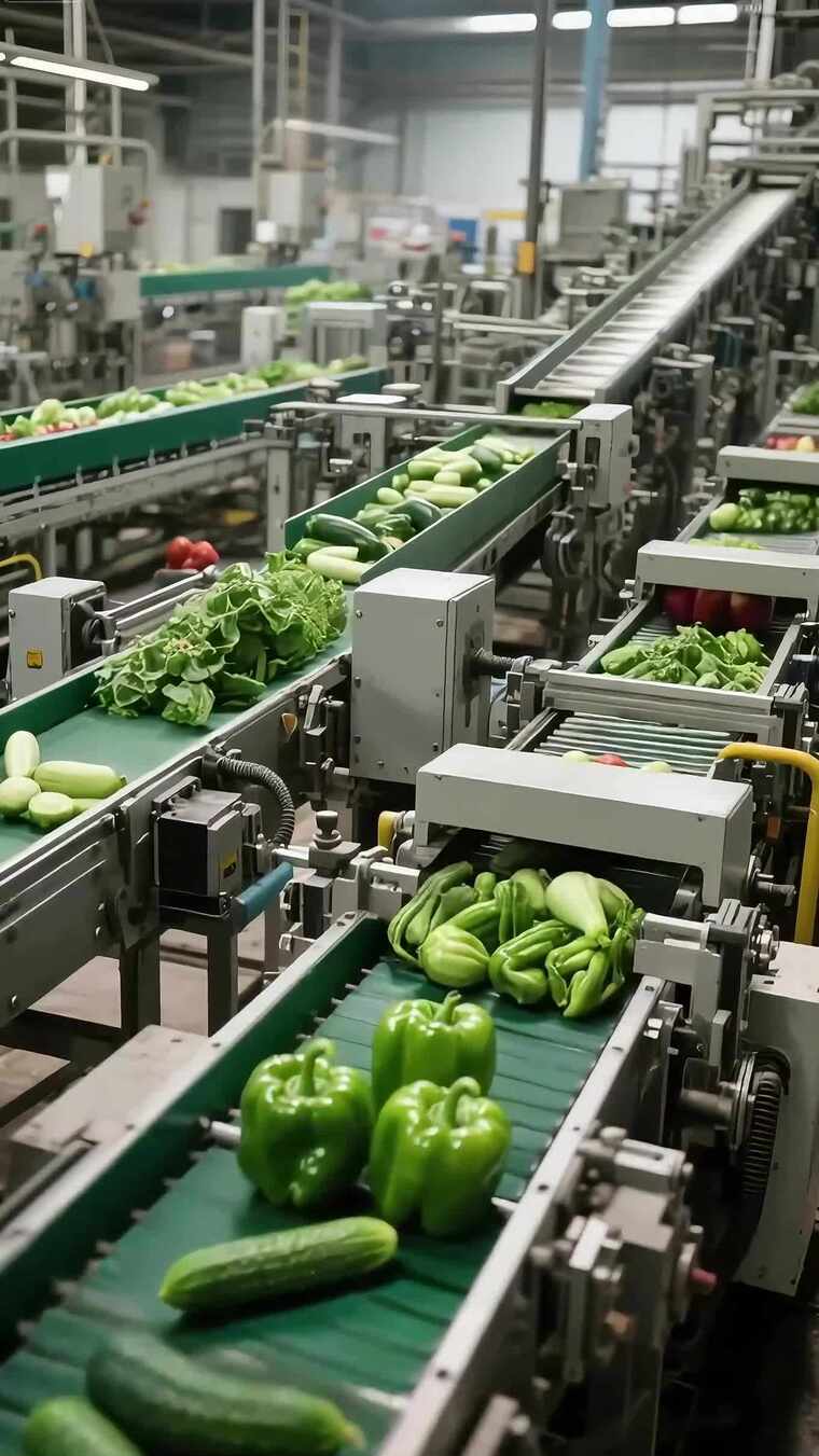 工厂蔬菜流水线生产画面