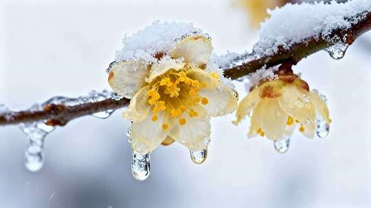 覆雪带冰的盛开梅花