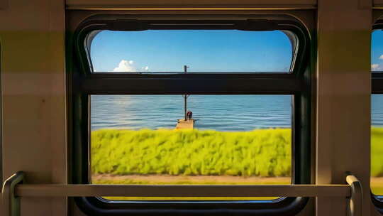 火车车厢内窗外自然风光景象
