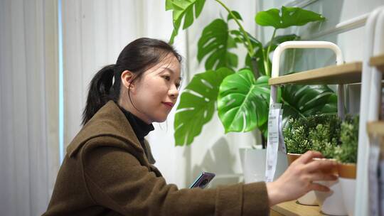 中年女性在花店选购绿植盆栽