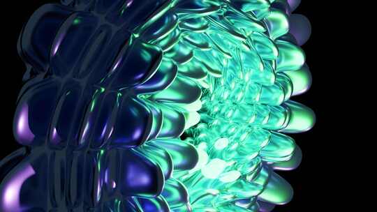 明亮闪亮的霓虹色抽象花生长在黑暗表面3d