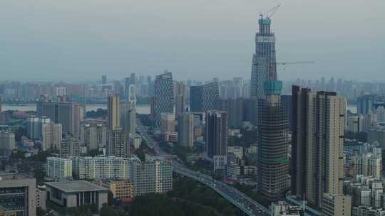 武汉江滩航拍长江大桥在建大楼城市高楼