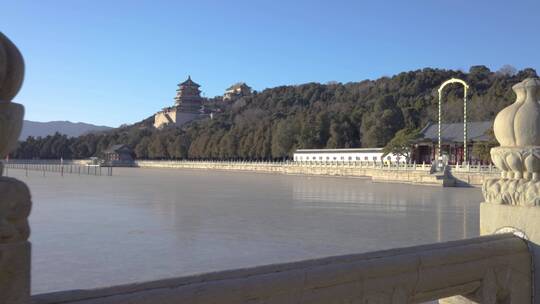 北京颐和园 昆明湖畔 佛香阁 石栏杆视频素材模板下载