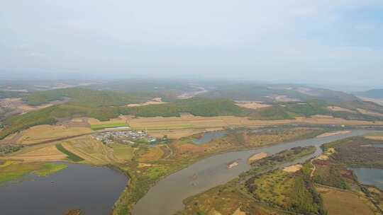 航拍吉林敦化市雁鸣湖湿地沼泽河流森林沼泽