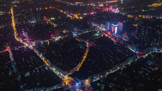 航拍鄂州城市路口夜景全景