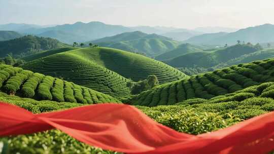 茶山自然风光与飘动红绸