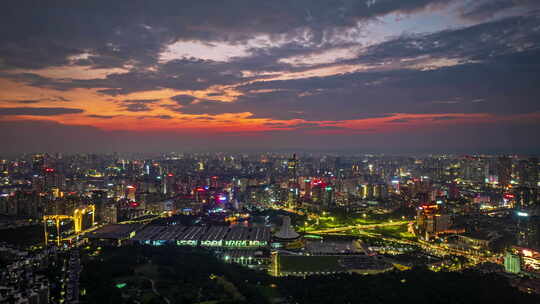 南宁国际会展中心晚霞夜景航拍延时视频