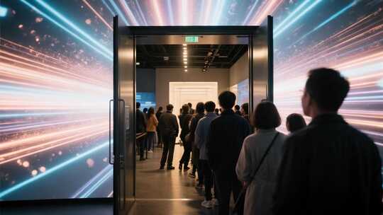 人群排队参观科技展览