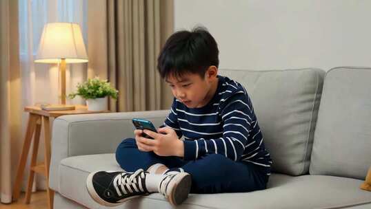 男孩坐在沙发上玩手机