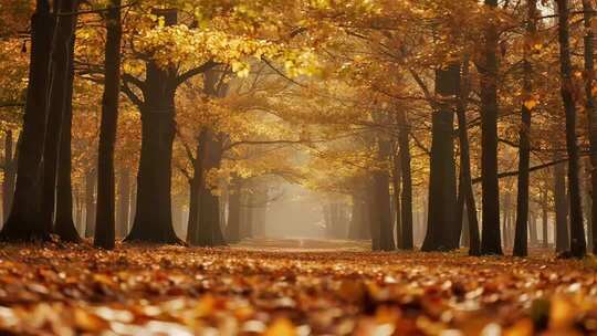 秋季森林铺满落叶的林间小道