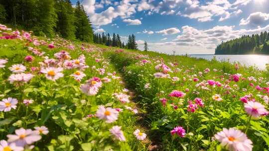 湖畔花海自然风光