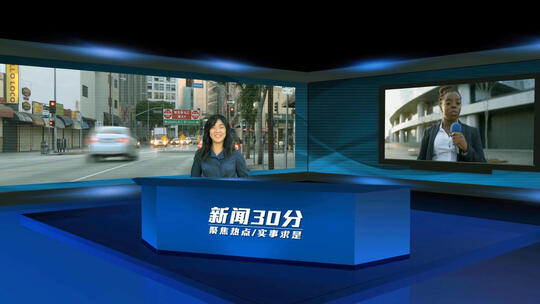 蓝色大屏幕主持人场景虚拟直播间新闻演播室AE视频素材教程下载