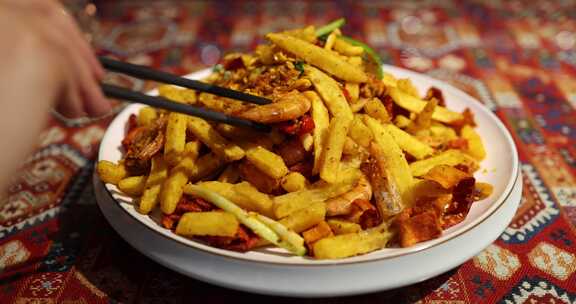 新疆美食中国菜薯条虾