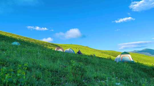 夏季高山草甸山顶露营帐篷4K风光