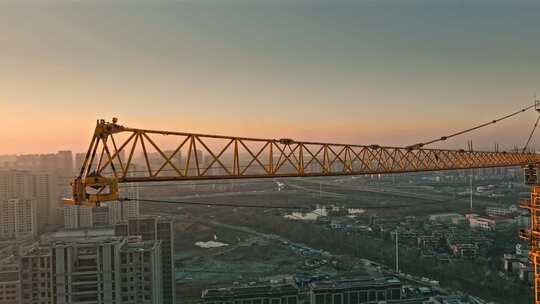 天津清晨塔吊日出航拍视频素材模板下载