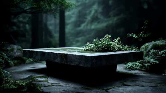 禅意石桌静置于幽静森林之中
