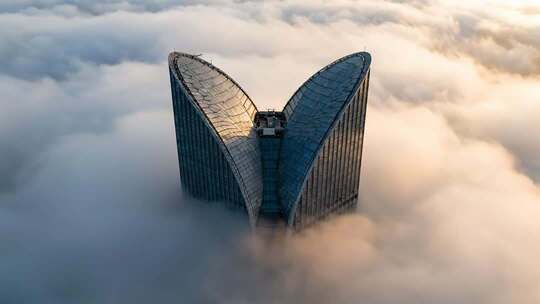 航拍城市摩天大楼云海日出震撼地标视频