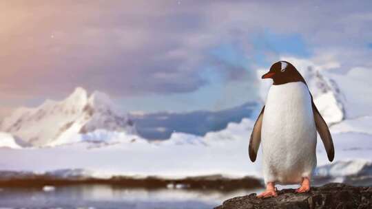 南极野生动物、孤独企鹅站在岩石上