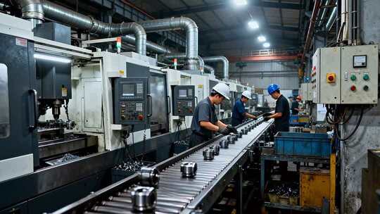 工厂工人操作机械流水线作业