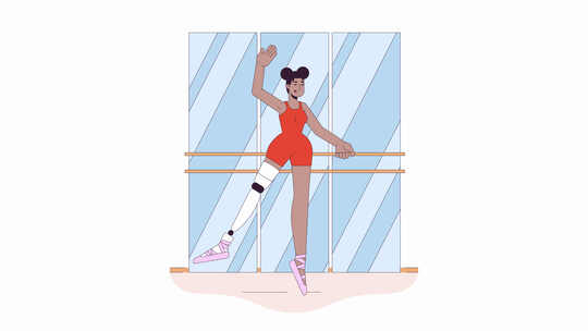 黑色芭蕾舞演员用假肢在镜子线卡通动画中跳