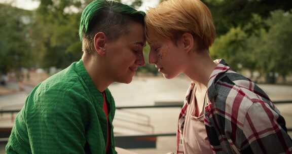 两个女同性恋女孩一个绿色发型和绿色头发穿