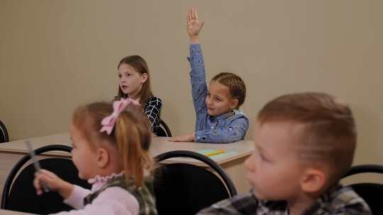 一群孩子坐在学校的书桌前，一个女孩举手回