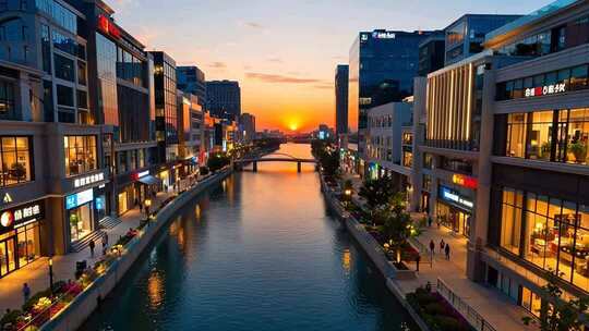 城市河畔商业区日落景象