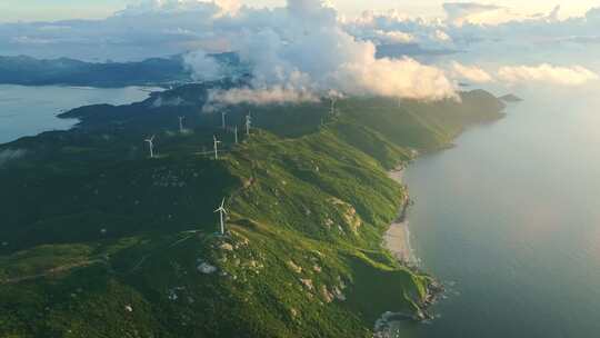 广东上川岛海岛风车山日出风力发电清洁能源