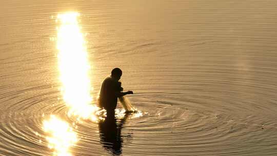 日落下渔民捕鱼收网