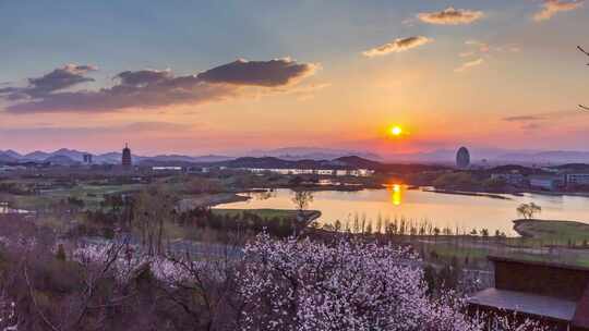 北京雁栖湖春天朝霞日出延时视频