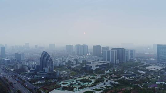 航拍江苏盐城市城南公园地标建筑盐阜大众报